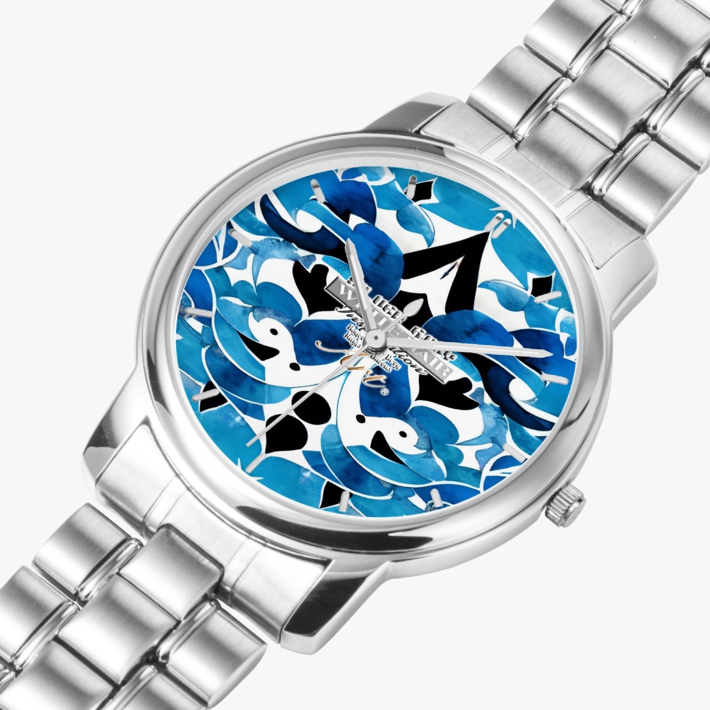 Silver grey white hair inspiration Blue abstract pattern Folding Clasp Type Stainless Steel Quartz Watch (With Indicators)