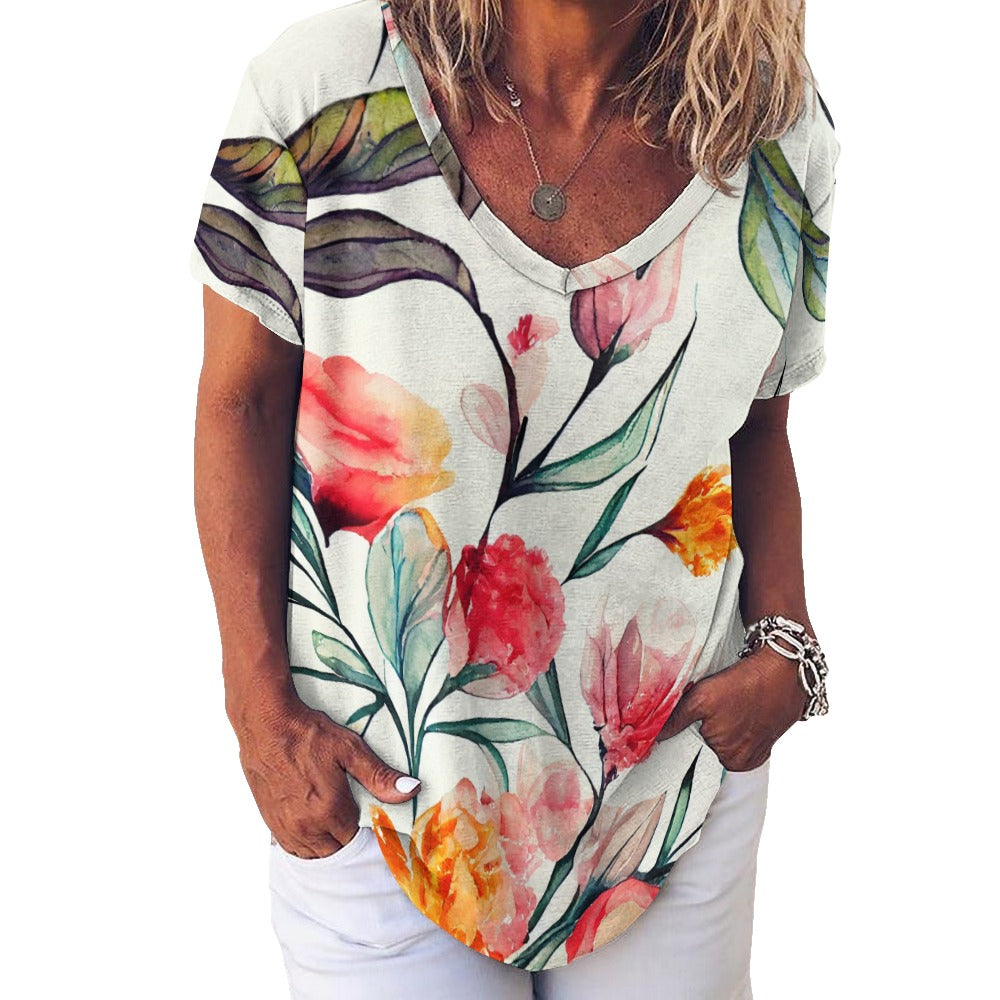 2024 New V Neck Short-sleeve Women Shirt Printed