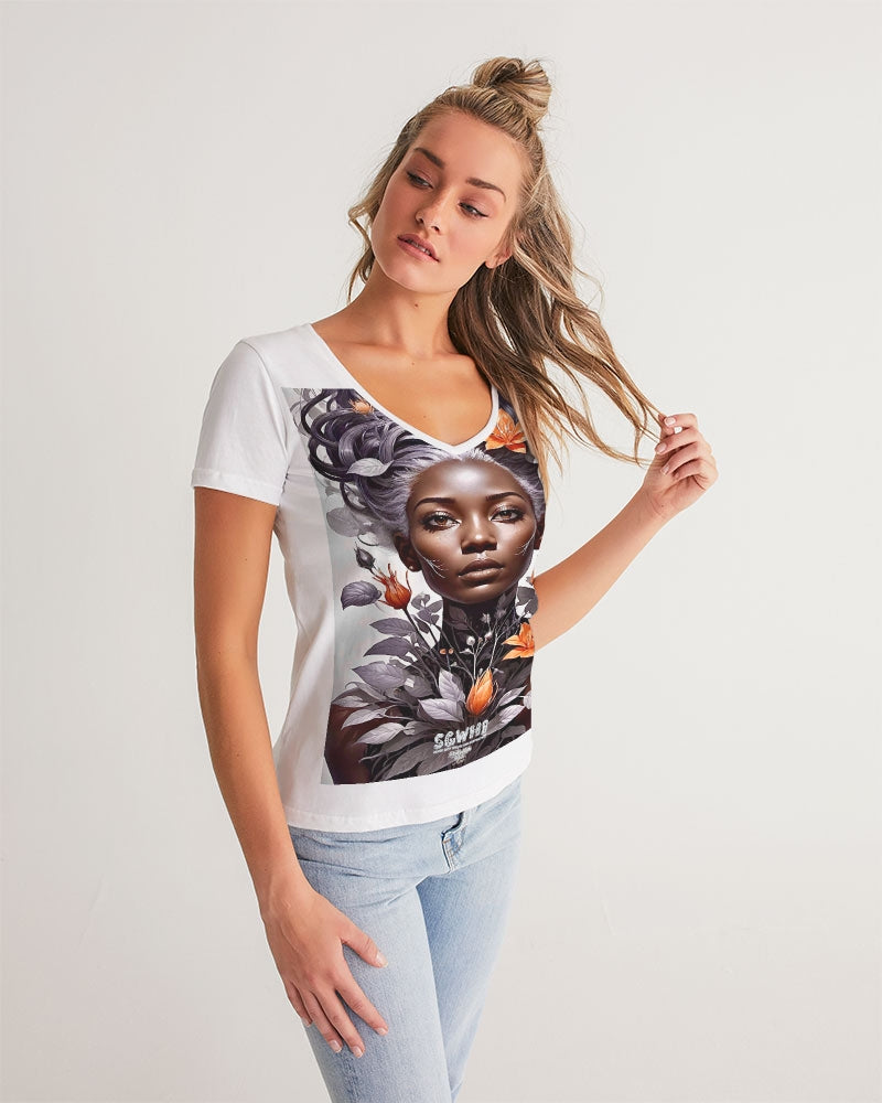 Beautiful black silver grey hair blossom women Women's All-Over Print V-Neck Tee