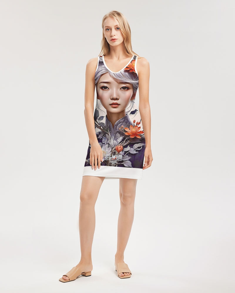 Beautiful Asian woman grey hair blossom Women's All-Over PrintRib Knit V Neck Mini Dress