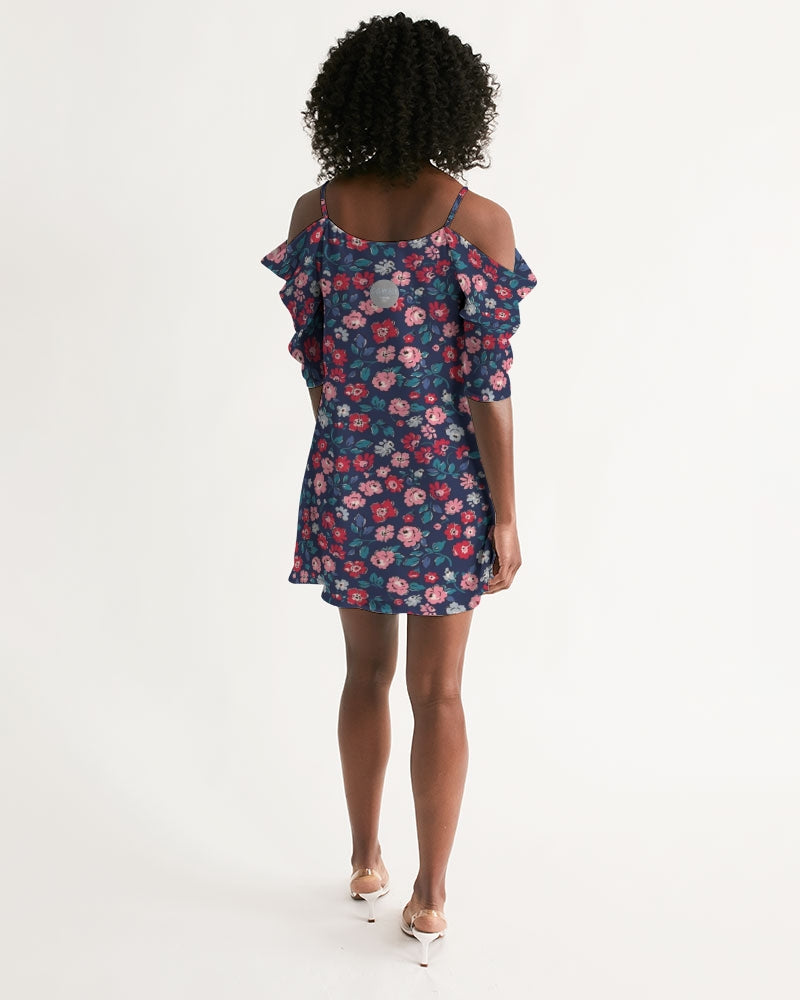 Midnight blue pretty glance.  Women's All-Over Print Open Shoulder A-Line Dress