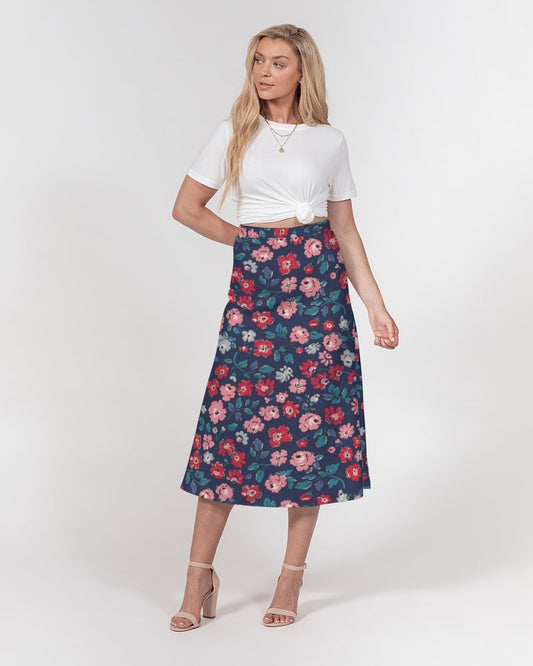 Midnight blue pretty glance.  Women's All-Over Print A-Line Midi Skirt