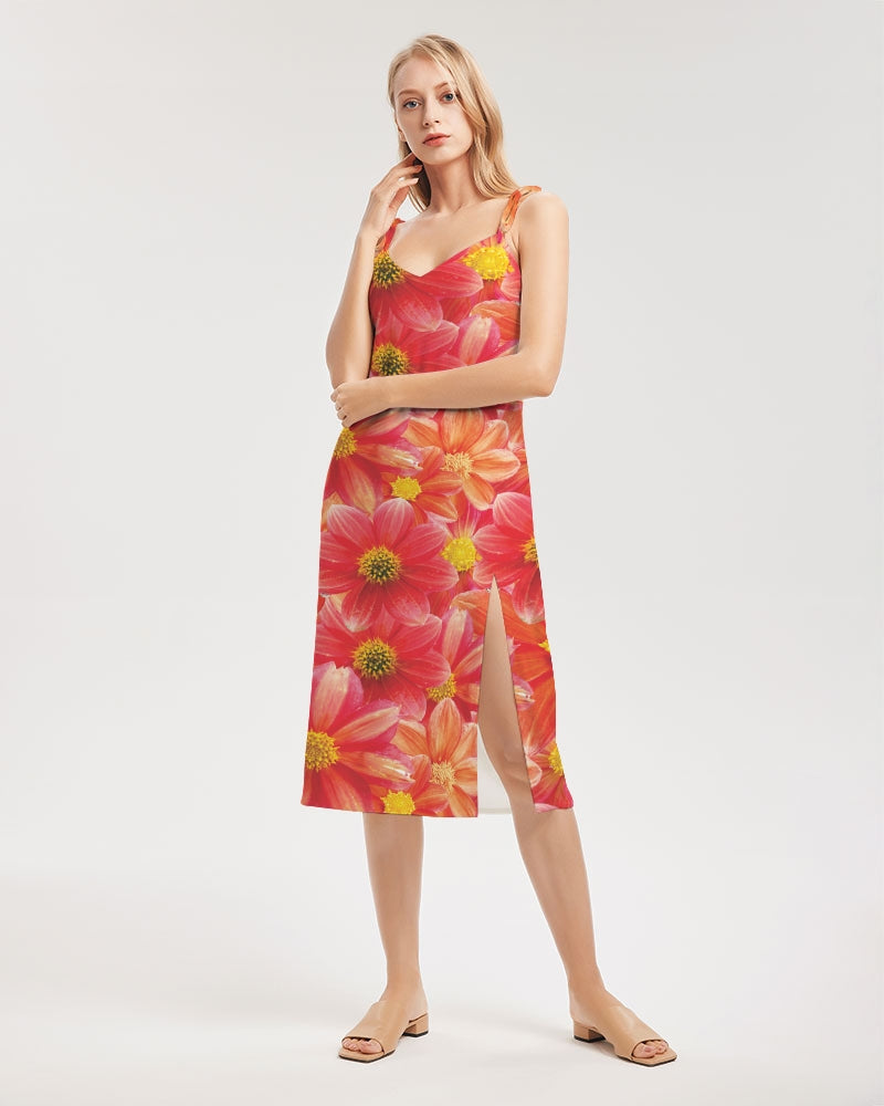 Beautiful blood orange flower design Women's All-Over Print Tie Strap Split Dress