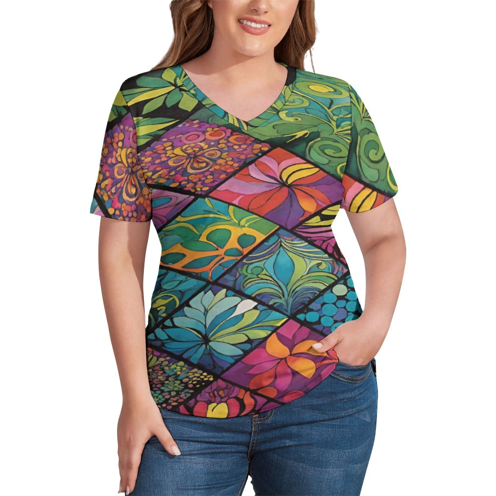 2024 New V Neck Short-sleeve Women Shirt Printed