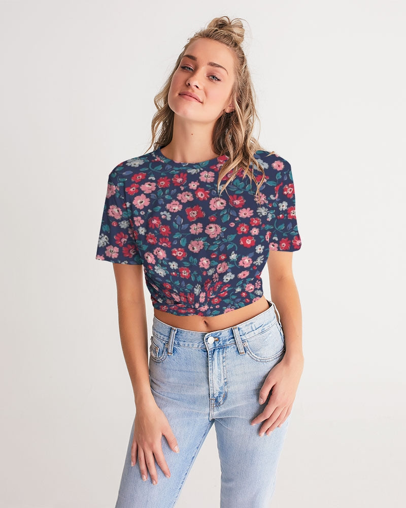 Midnight blue pretty glance.  Women's All-Over Print Twist-Front Cropped Tee