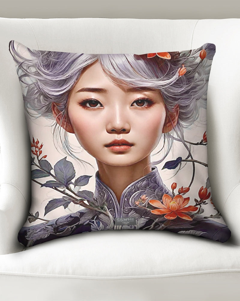 Beautiful Asian woman grey hair blossom Throw Pillow Case 20"x20"