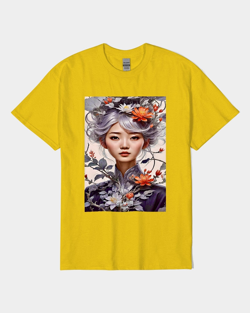 Beautiful Asian woman grey hair blossom Unisex Heavy Cotton T-Shirt | Gildan