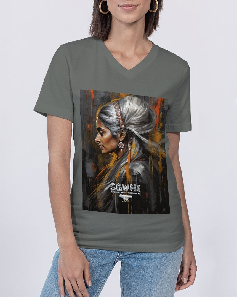 South Asian silver grey white hair sisters portrait [2] Unisex Jersey V-Neck Tee | Bella + Canvas