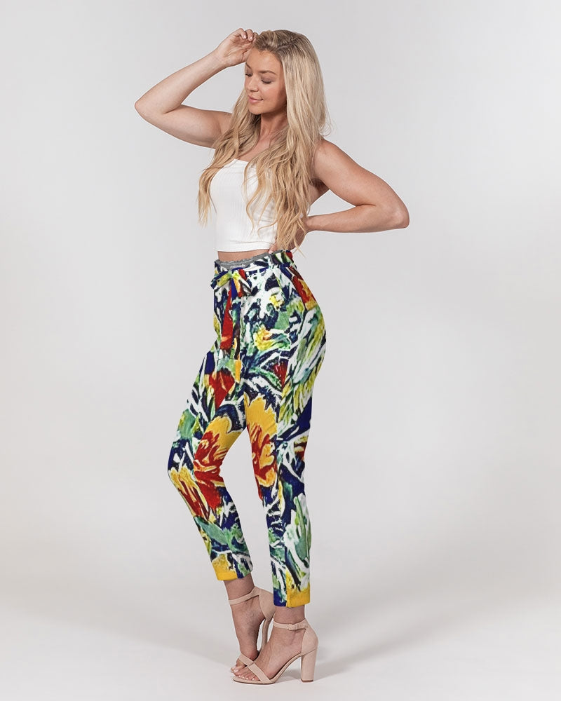 Painted flower design Women's All-Over Print Belted Tapered Pants