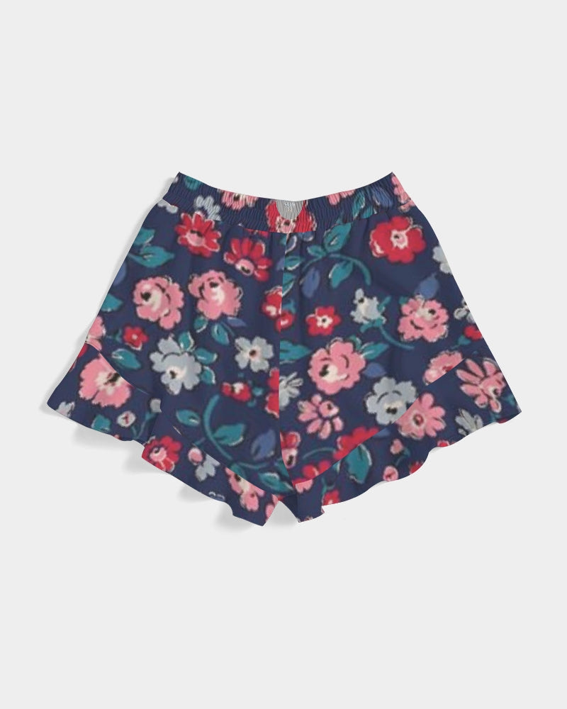 Midnight blue pretty glance.  Women's All-Over Print Ruffle Shorts