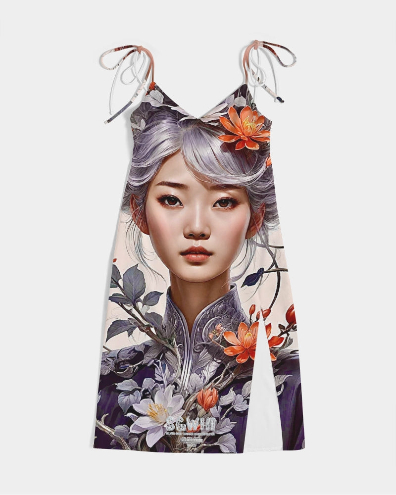 Beautiful Asian woman grey hair blossom Women's All-Over Print Tie Strap Split Dress