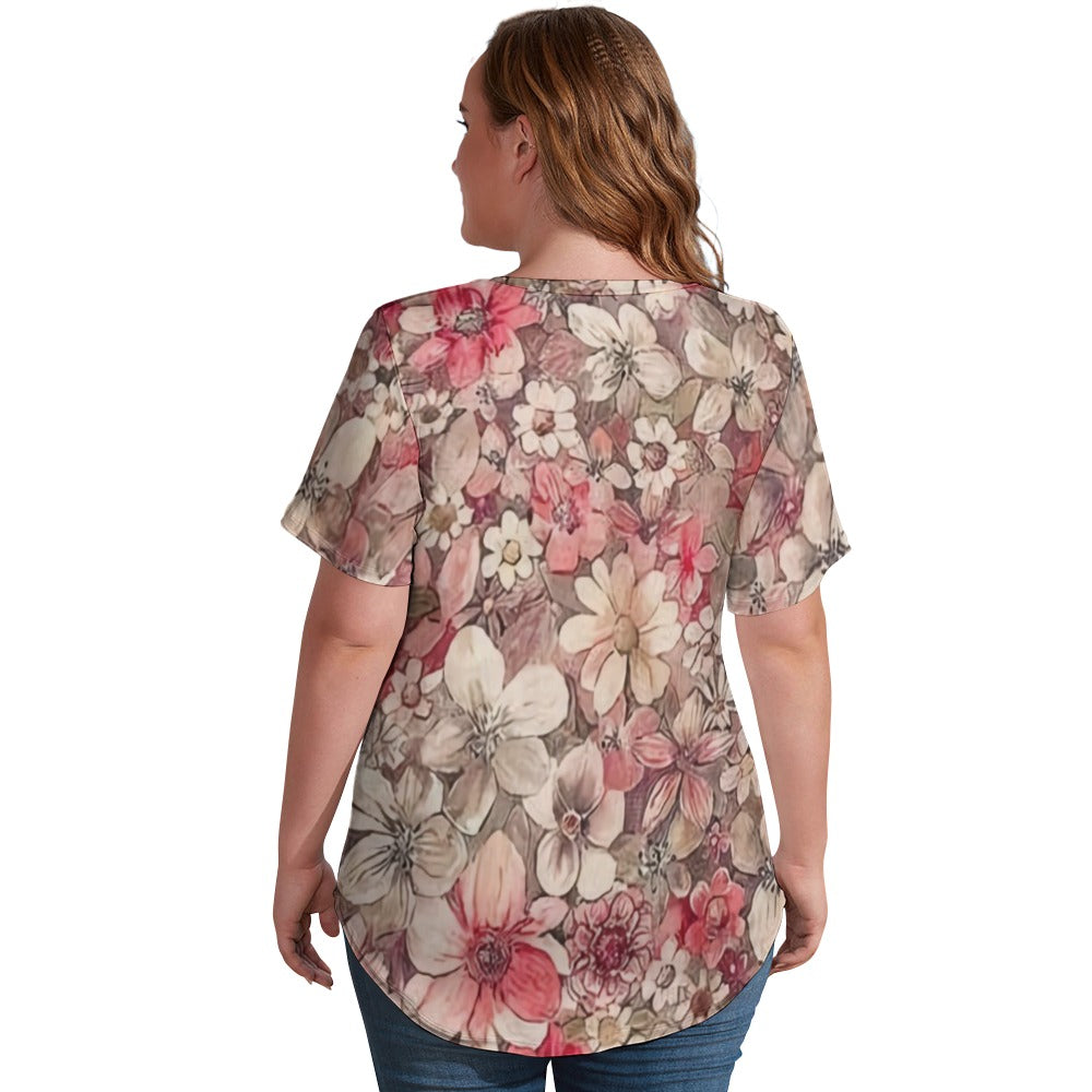 2024 New V Neck Short-sleeve Women Shirt Printed