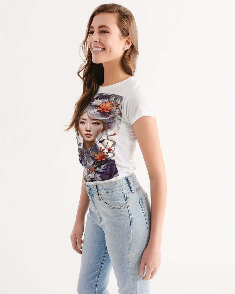 Beautiful Asian woman grey hair blossom Women's All-Over Print Tee