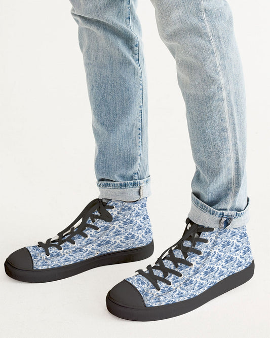 light blue Royal patten  Men's Hightop Canvas Shoe - Black