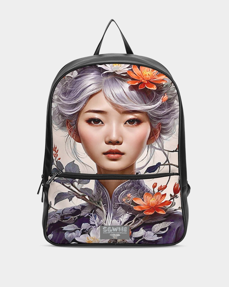 Beautiful Asian woman grey hair blossom Classic Faux Leather Backpack