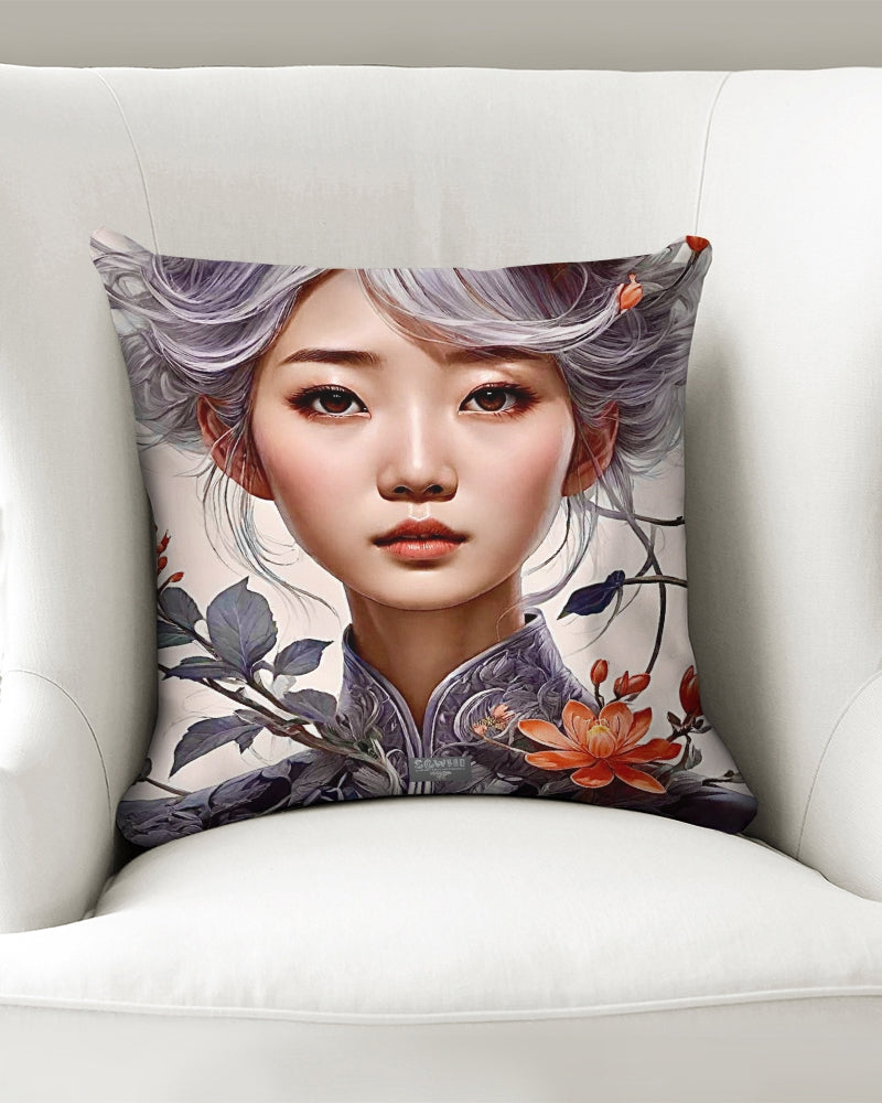 Beautiful Asian woman grey hair blossom Throw Pillow Case 16"x16"