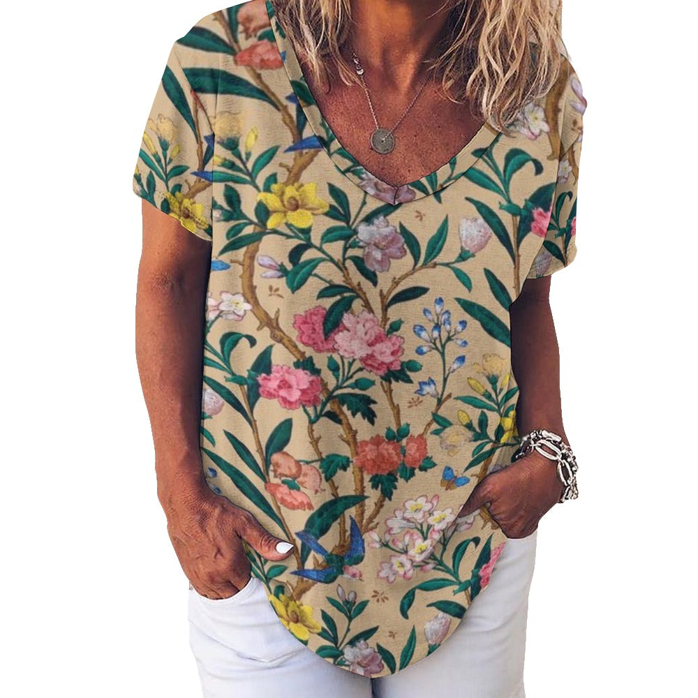 2024 New V Neck Short-sleeve Women Shirt Printed