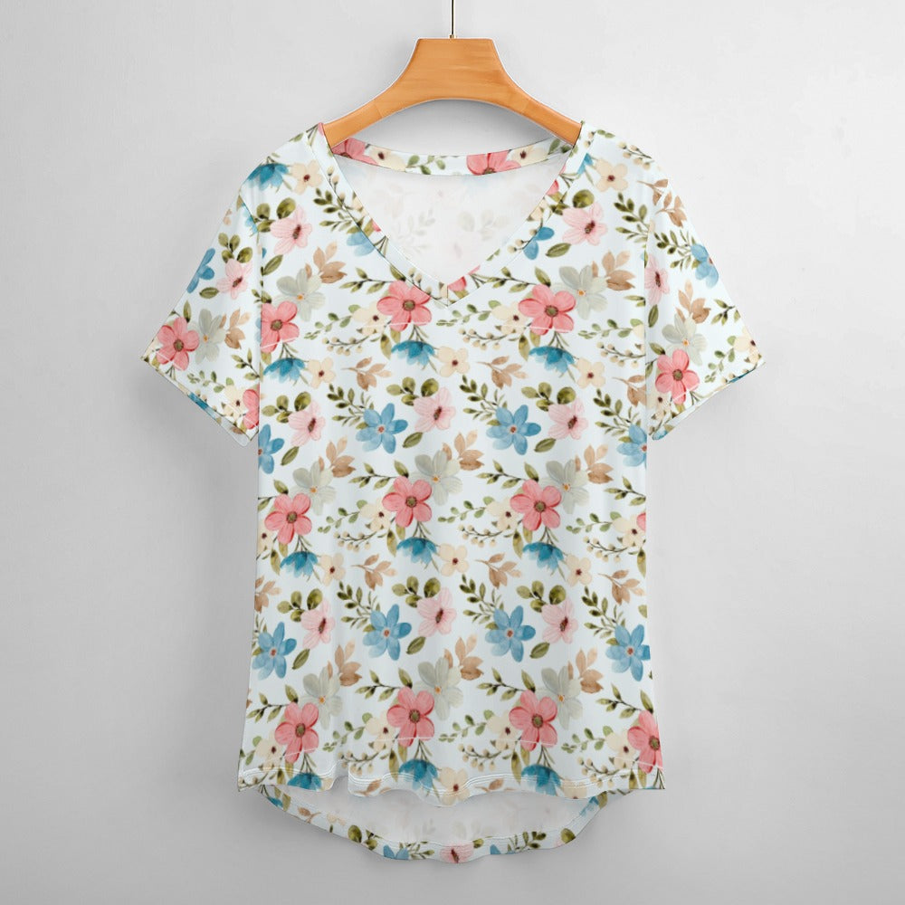 2024 New V Neck Short-sleeve Women Shirt Printed