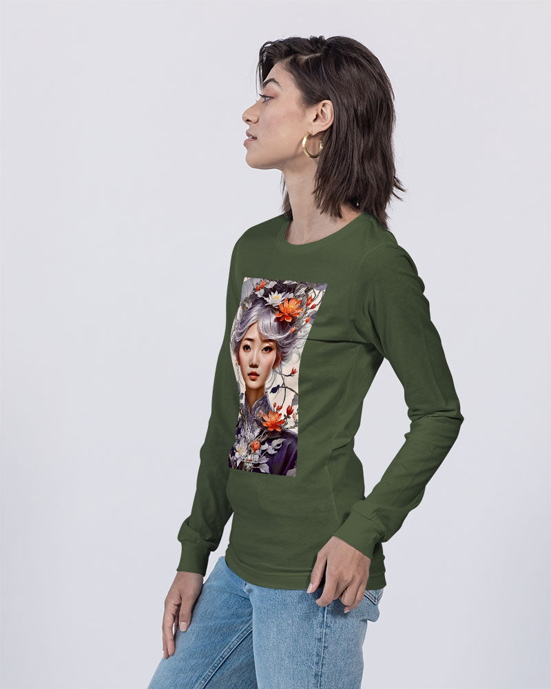 Beautiful Asian woman grey hair blossom Unisex Jersey Long Sleeve Tee | Bella + Canvas