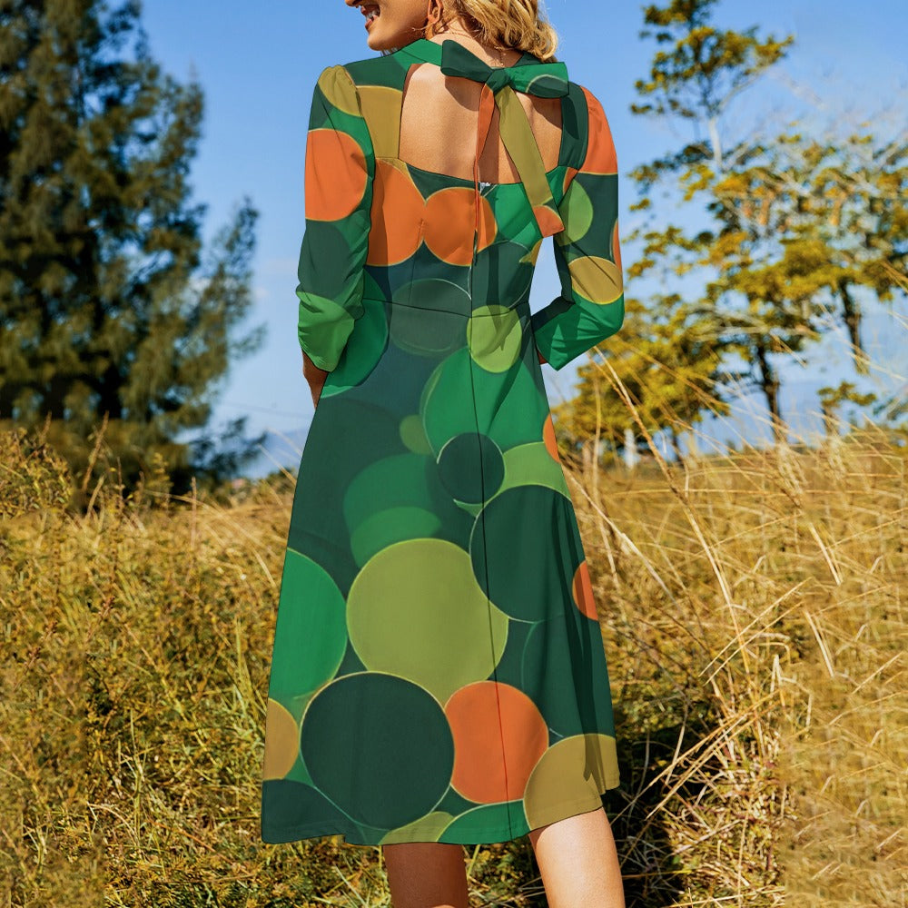 Orange and green ball pattern Knot Flare Dress