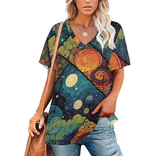 2024 New V Neck Short-sleeve Women Shirt Printed