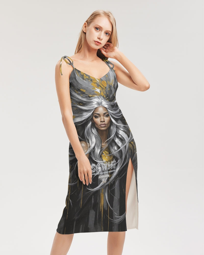 Black Sister Collection [Part 2 ] Women's All-Over Print Tie Strap Split Dress