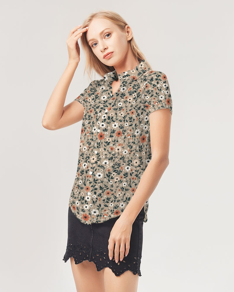 Busy and pretty Women's All-Over Print Short Sleeve Button Up