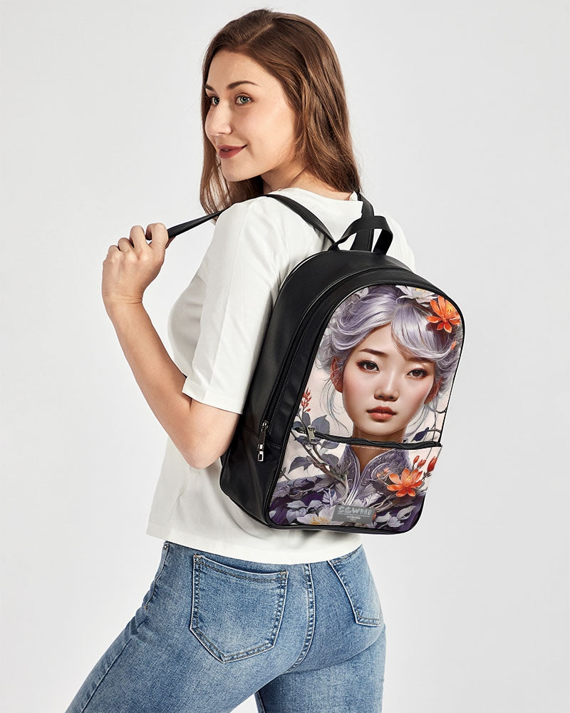 Beautiful Asian woman grey hair blossom Classic Faux Leather Backpack