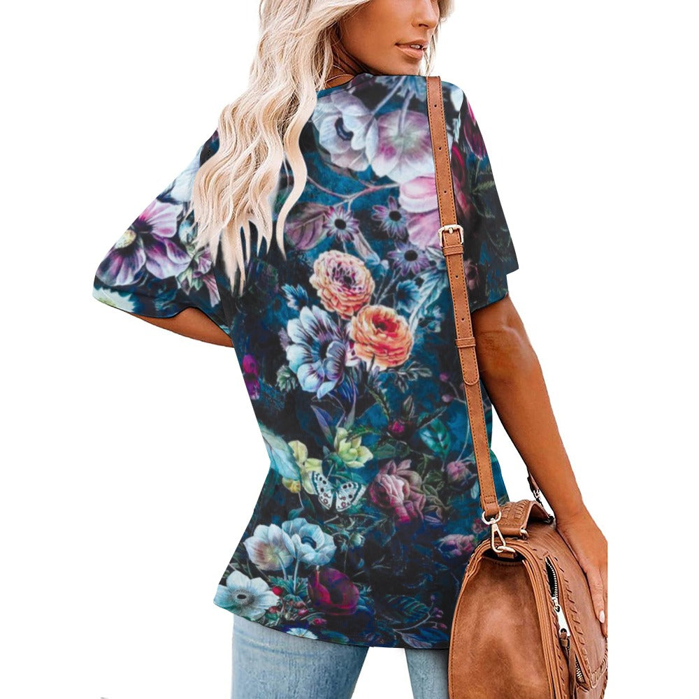 2024 New V Neck Short-sleeve Women Shirt Printed