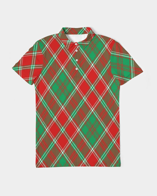 Red & Green cross pattern Men's All-Over Print Slim Fit Short Sleeve Polo