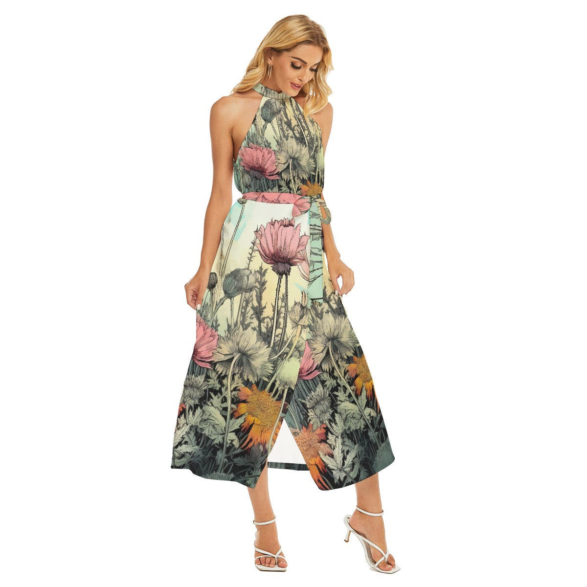 All-Over Print Women's Wrap Hem Belted Halter Dress