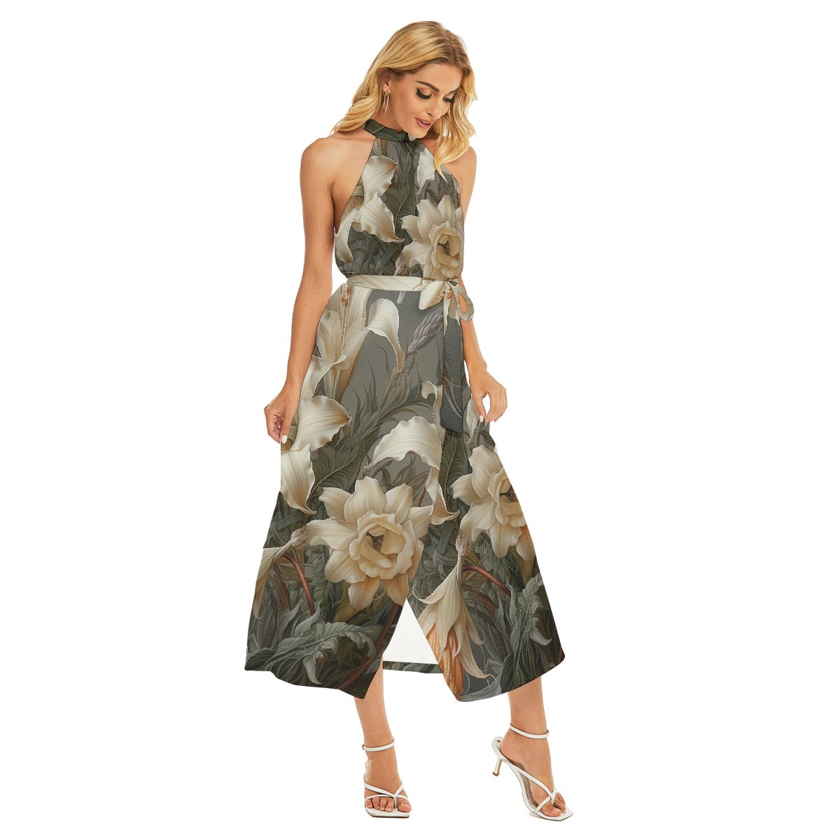 All-Over Print Women's Wrap Hem Belted Halter Dress