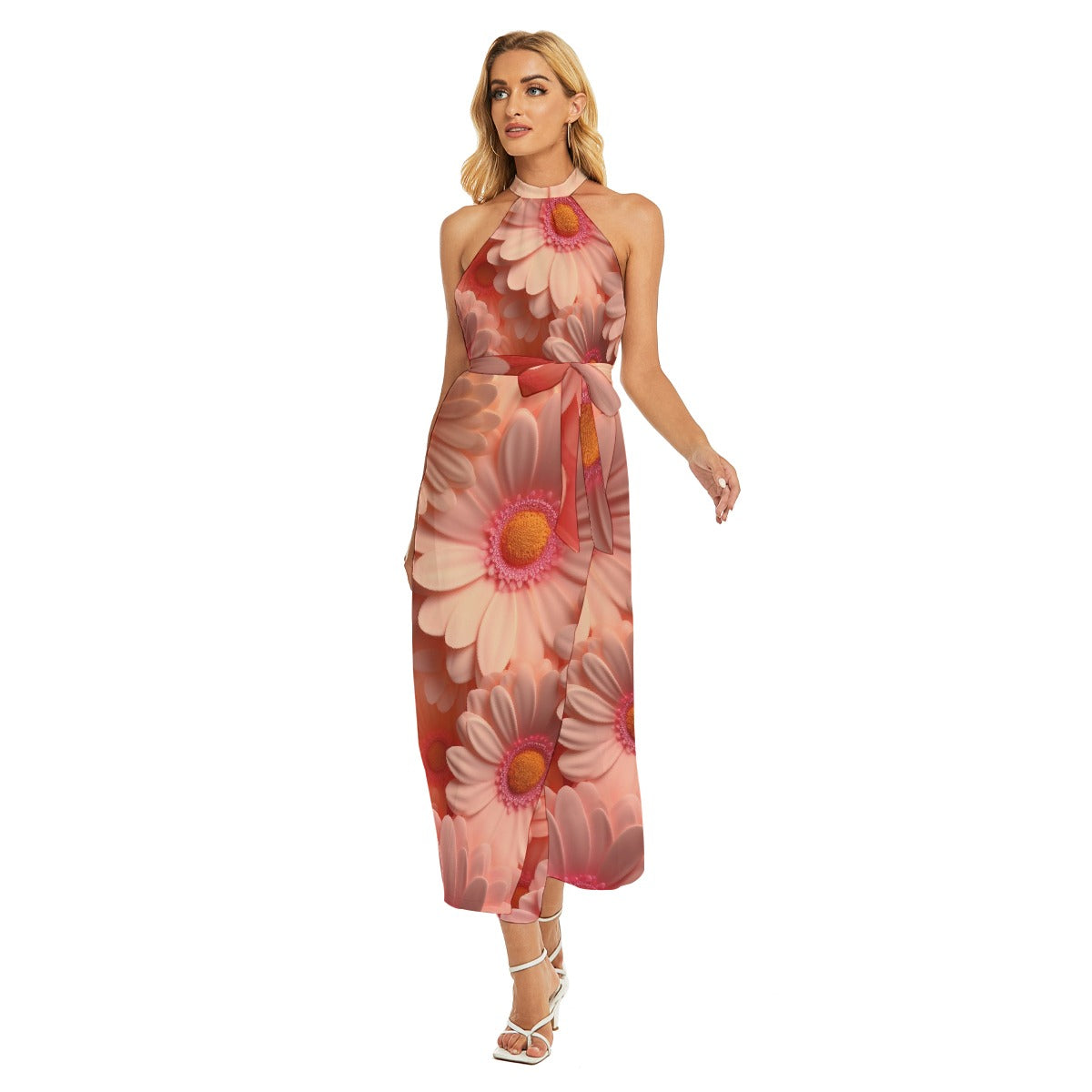 All-Over Print Women's Wrap Hem Belted Halter Dress