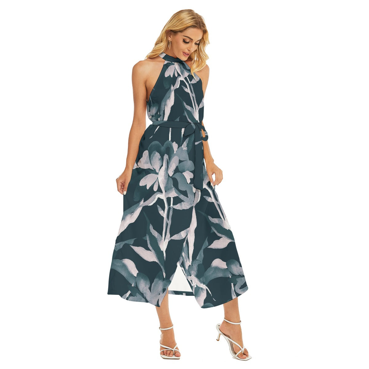 All-Over Print Women's Wrap Hem Belted Halter Dress