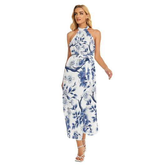 All-Over Print Women's Wrap Hem Belted Halter Dress