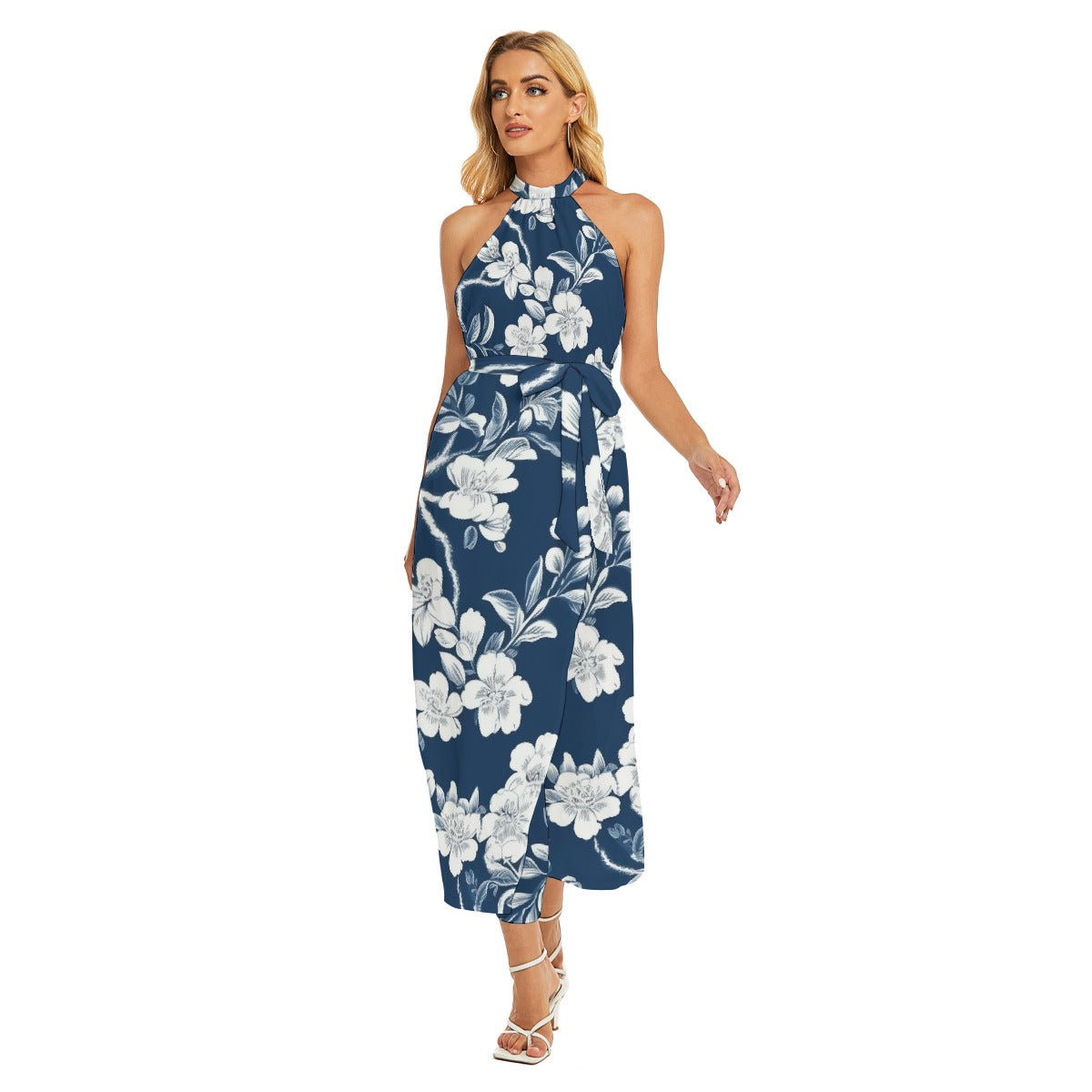 All-Over Print Women's Wrap Hem Belted Halter Dress