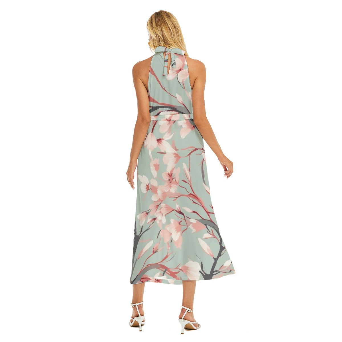 All-Over Print Women's Wrap Hem Belted Halter Dress