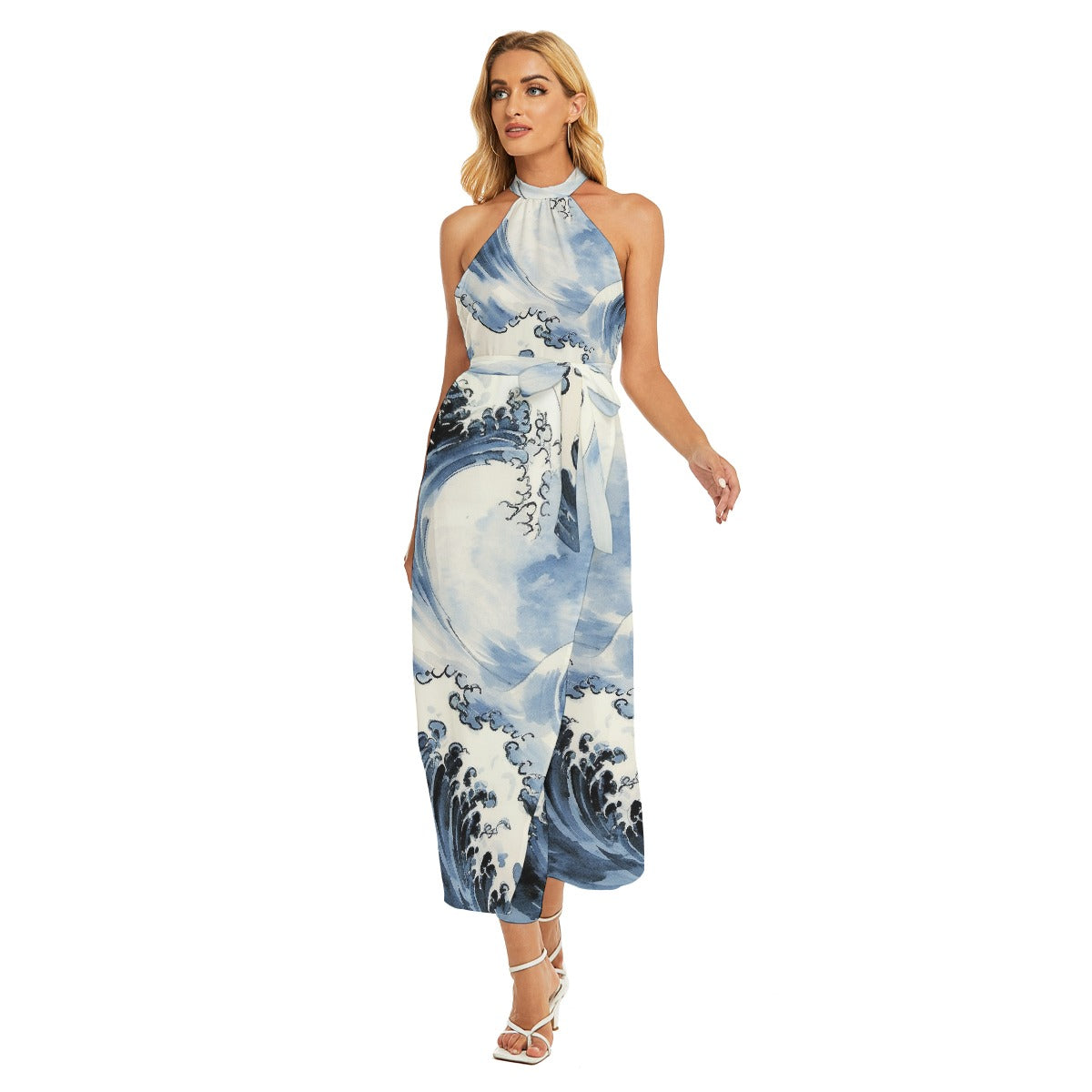 All-Over Print Women's Wrap Hem Belted Halter Dress