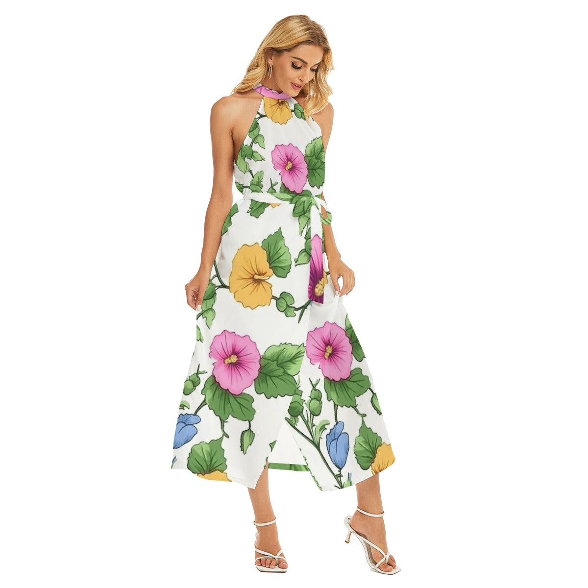 All-Over Print Women's Wrap Hem Belted Halter Dress