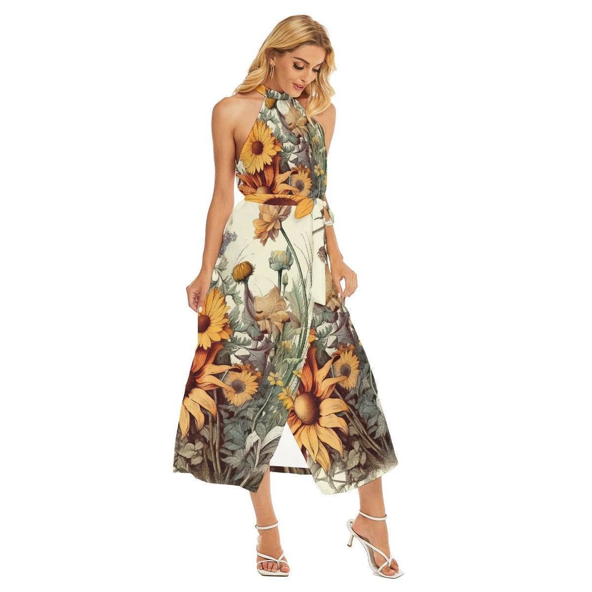 All-Over Print Women's Wrap Hem Belted Halter Dress