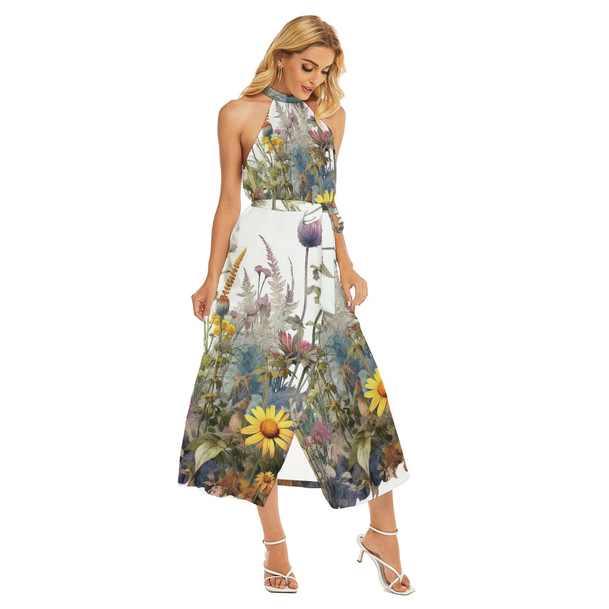 All-Over Print Women's Wrap Hem Belted Halter Dress