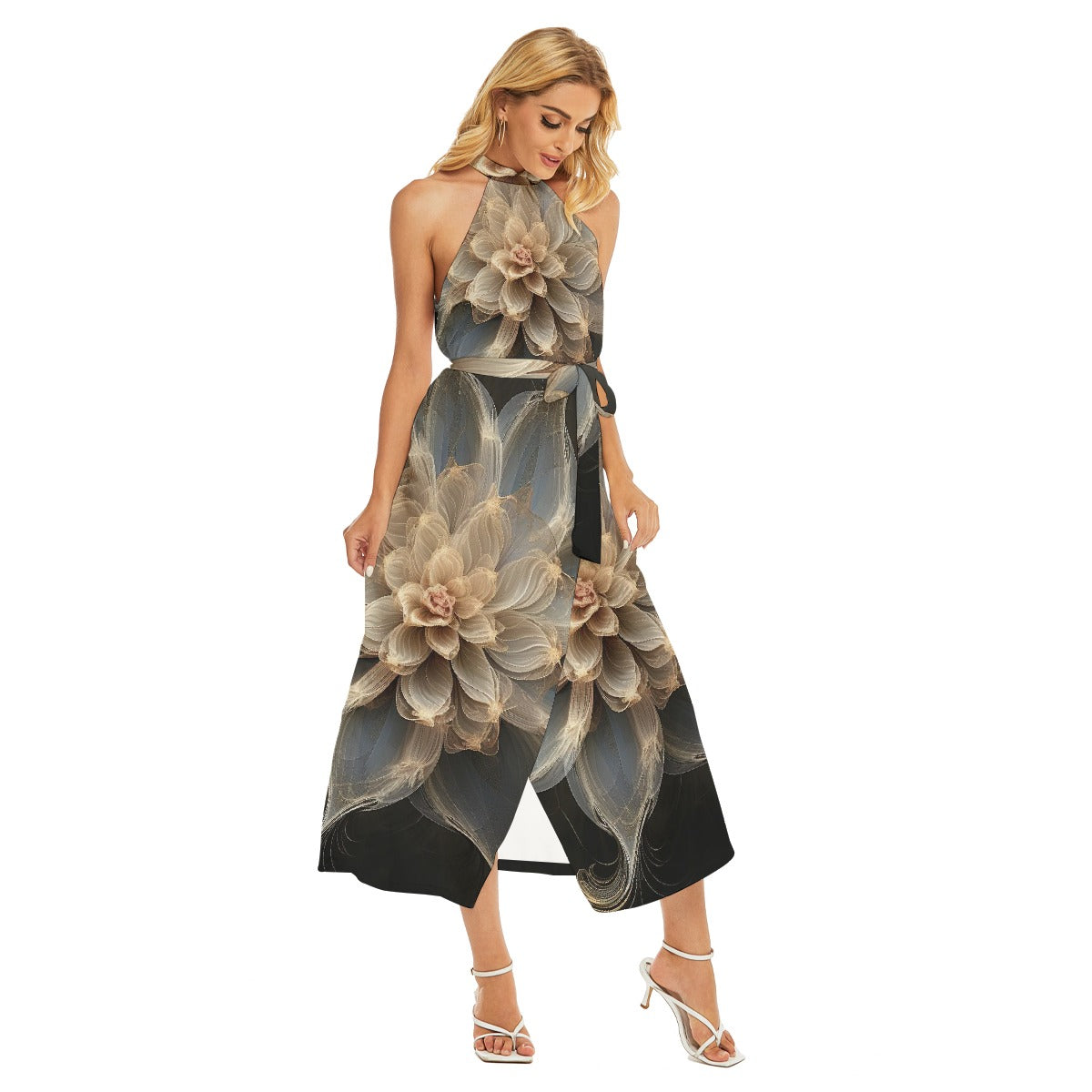 All-Over Print Women's Wrap Hem Belted Halter Dress