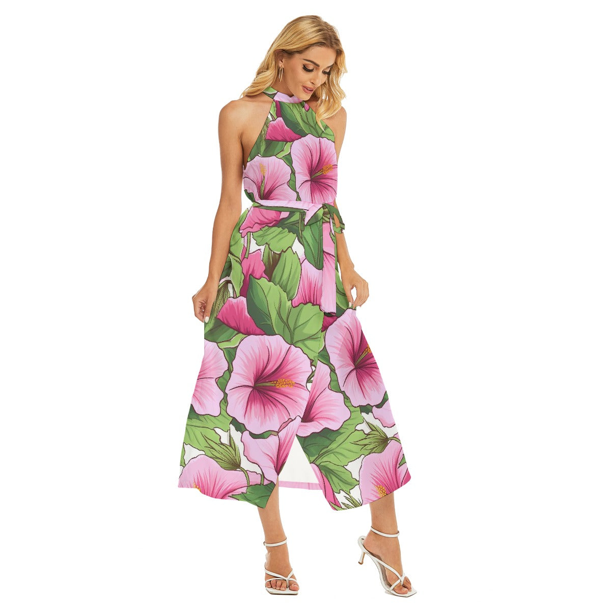 All-Over Print Women's Wrap Hem Belted Halter Dress