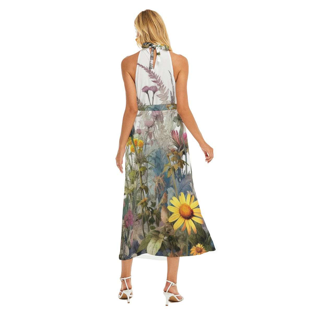 All-Over Print Women's Wrap Hem Belted Halter Dress