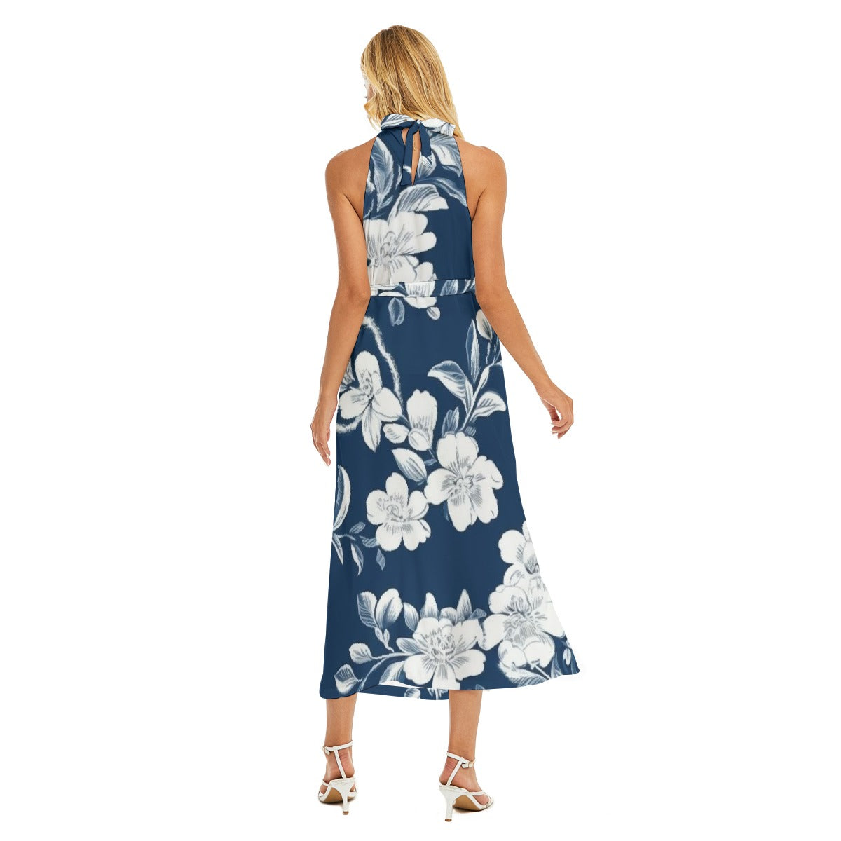 All-Over Print Women's Wrap Hem Belted Halter Dress