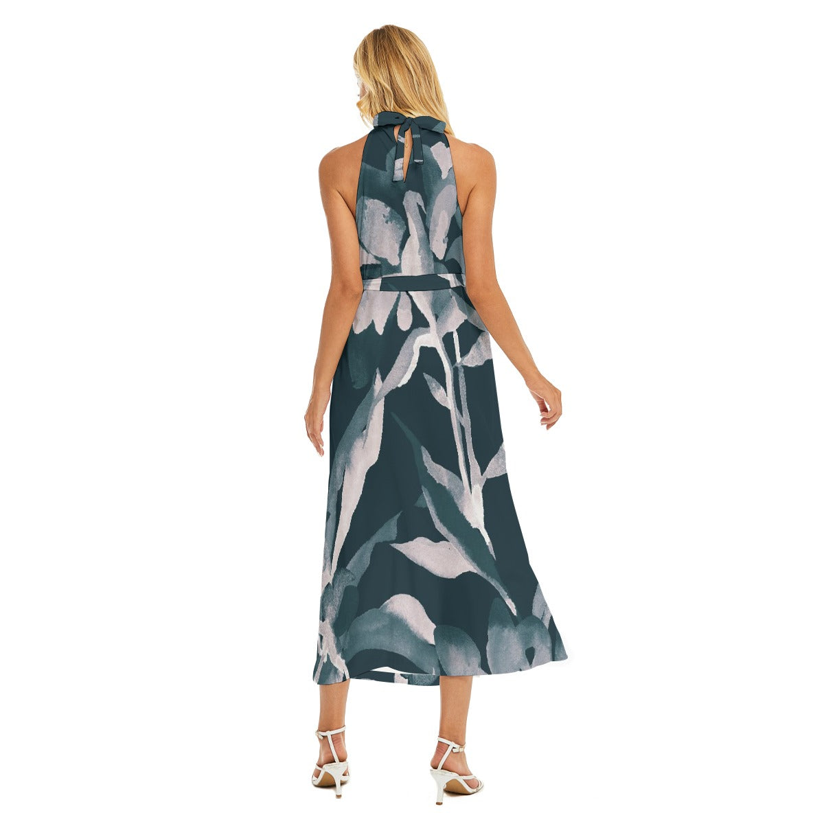 All-Over Print Women's Wrap Hem Belted Halter Dress