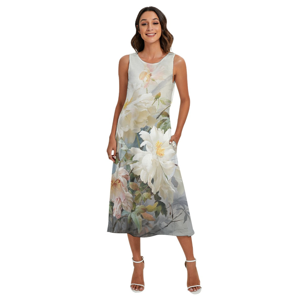 All-Over Print Women's Sleeveless Dress With Diagonal Pocket