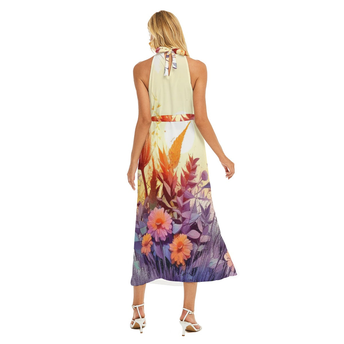 All-Over Print Women's Wrap Hem Belted Halter Dress