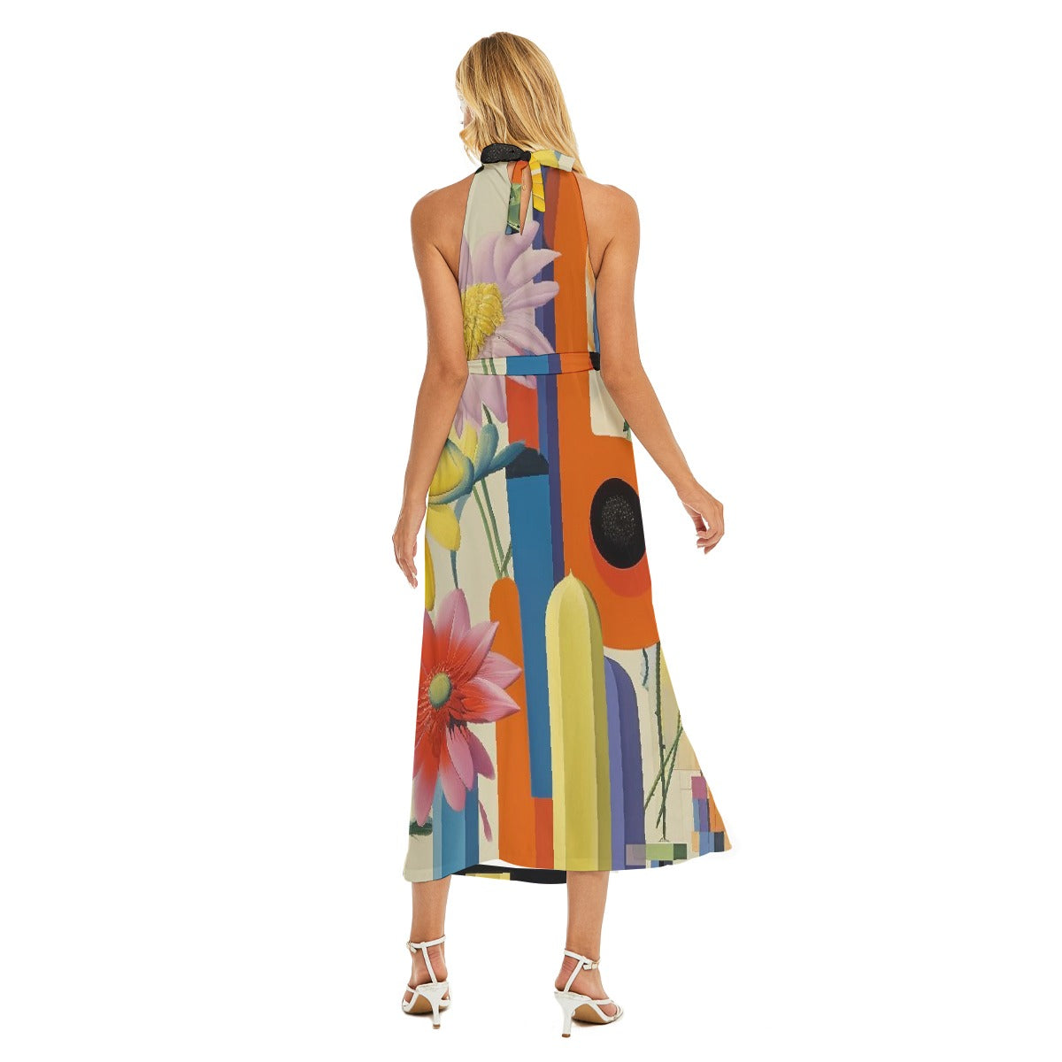 All-Over Print Women's Wrap Hem Belted Halter Dress