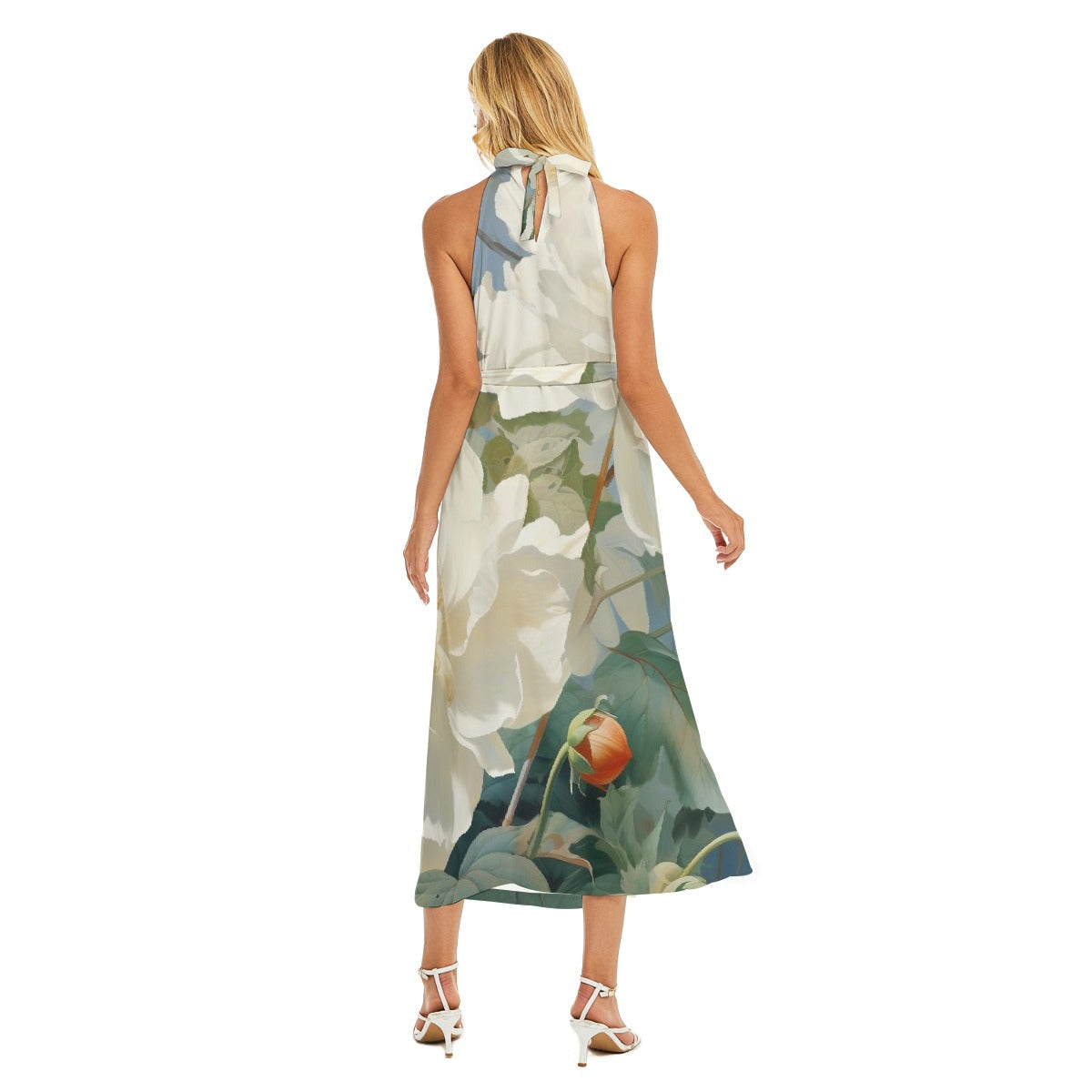 All-Over Print Women's Wrap Hem Belted Halter Dress